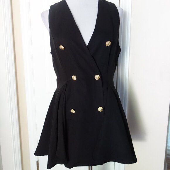 NWT CIDER V-Neck Gold Tone Button Ruffle Hem Black Mini Dress – L - Picture 4 of 12